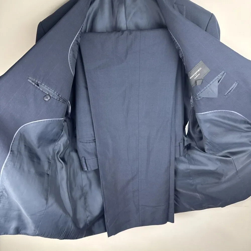 Banana Republic Suit Mens 42R Navy Blue Sport Coat 2 Button Pants 33x32 Plaid